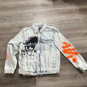 Zara Light Blue Denim Jacket with Black,orange and White Graphics